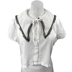 Black Friday White Lace Collar Short Sleeve Button Up Shirt Blouse Crop Top 16